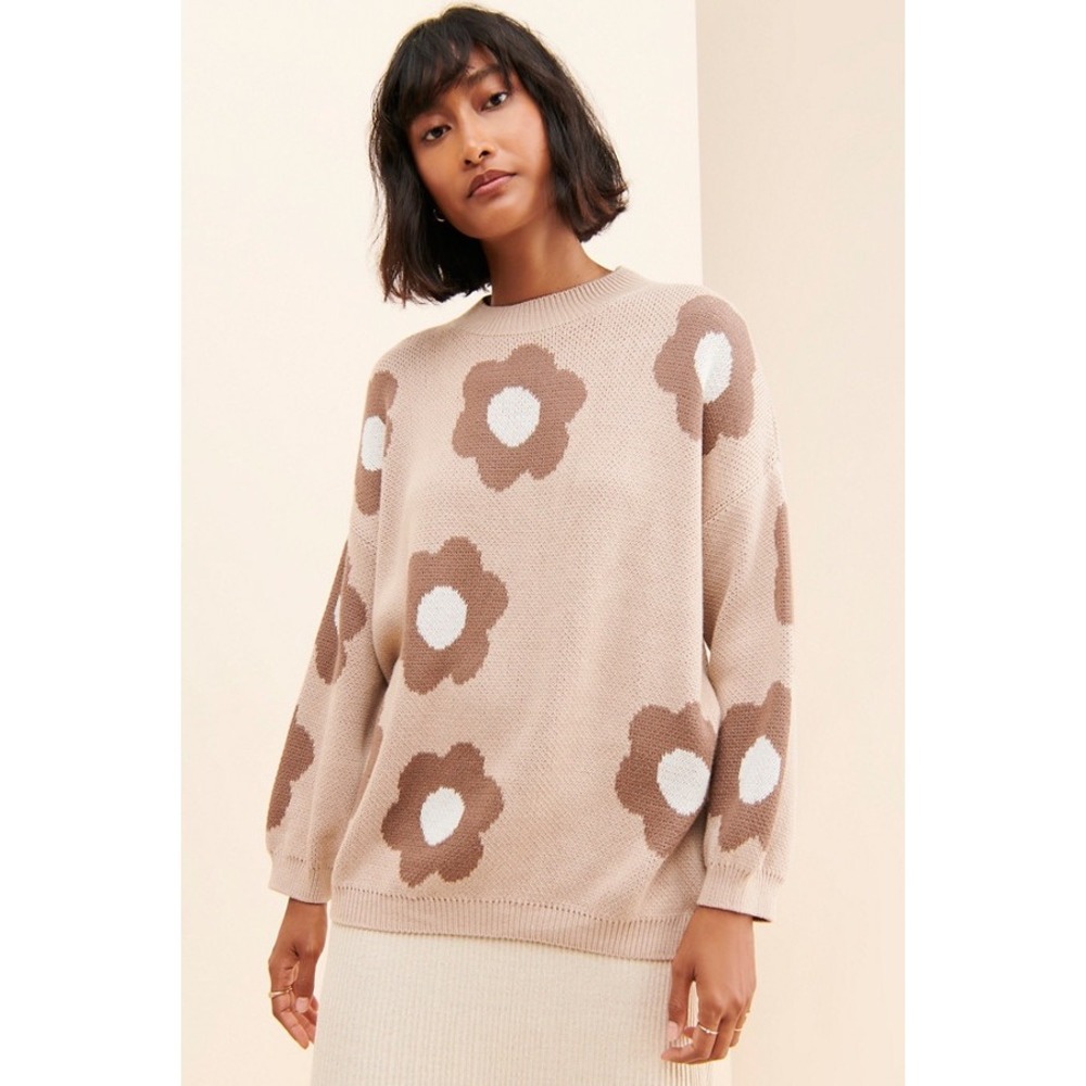 Rita Row Narciso Floral Knit Sweater Brown Cotton Cashmere Oversized Medium